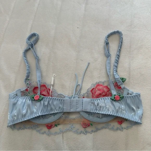 New! For Love And Lemons Blue Vintage Rose Eyelet Bra Size 32A 51325